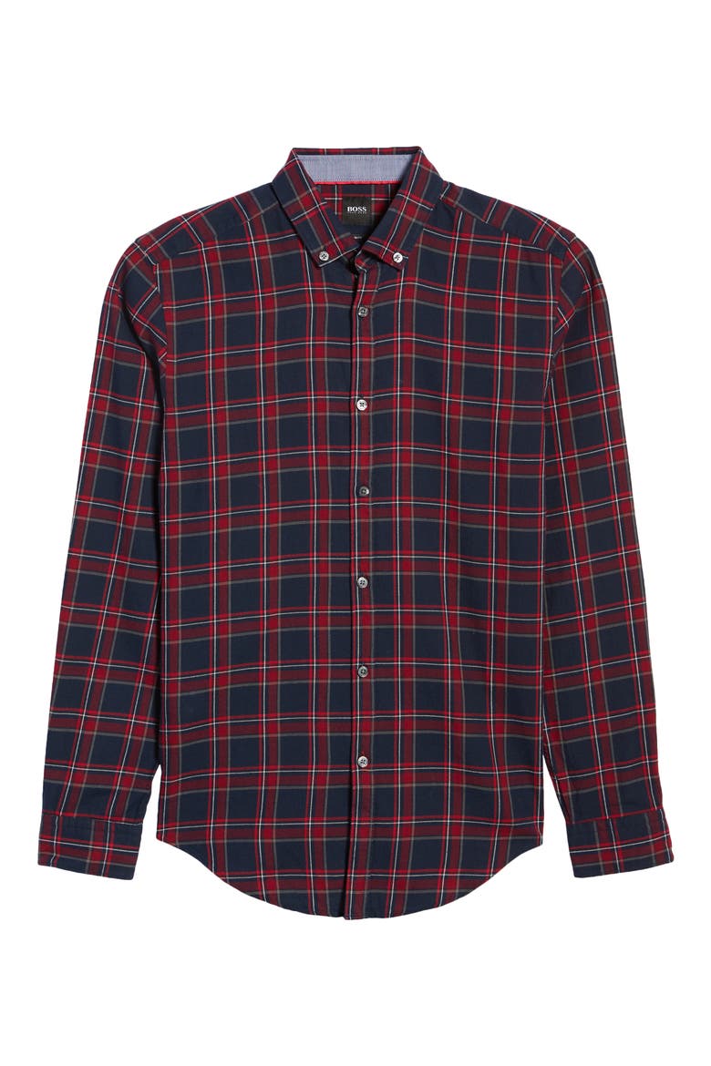 Rikard Slim Fit Plaid Flannel Button-Down Shirt, Alternate, color, DARK RED