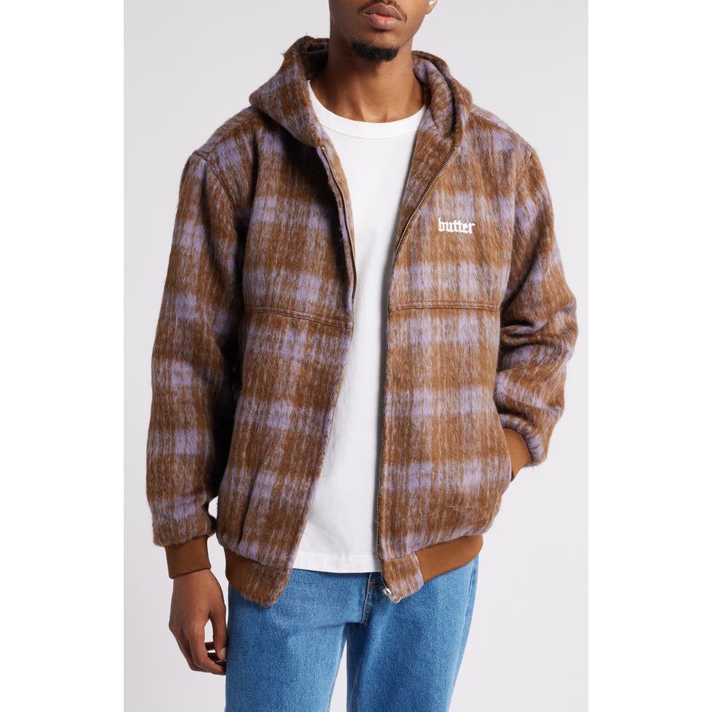 Butter Goods Hooded Heavyweight Plaid Work Jacket in Brick /Dusk