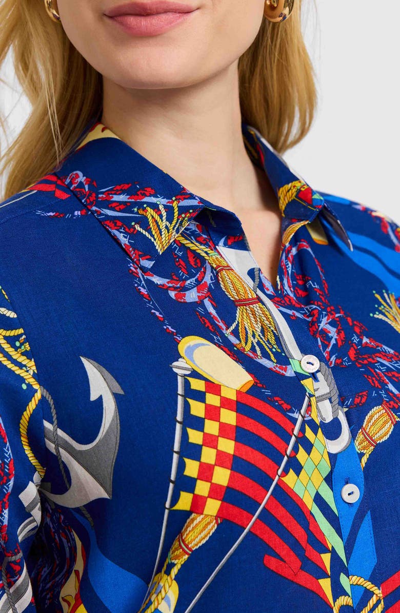 Foxcroft Zoey Nautical Three Quarter Sleeve Linen Blend Button-Up Shirt, Alternate, color, 