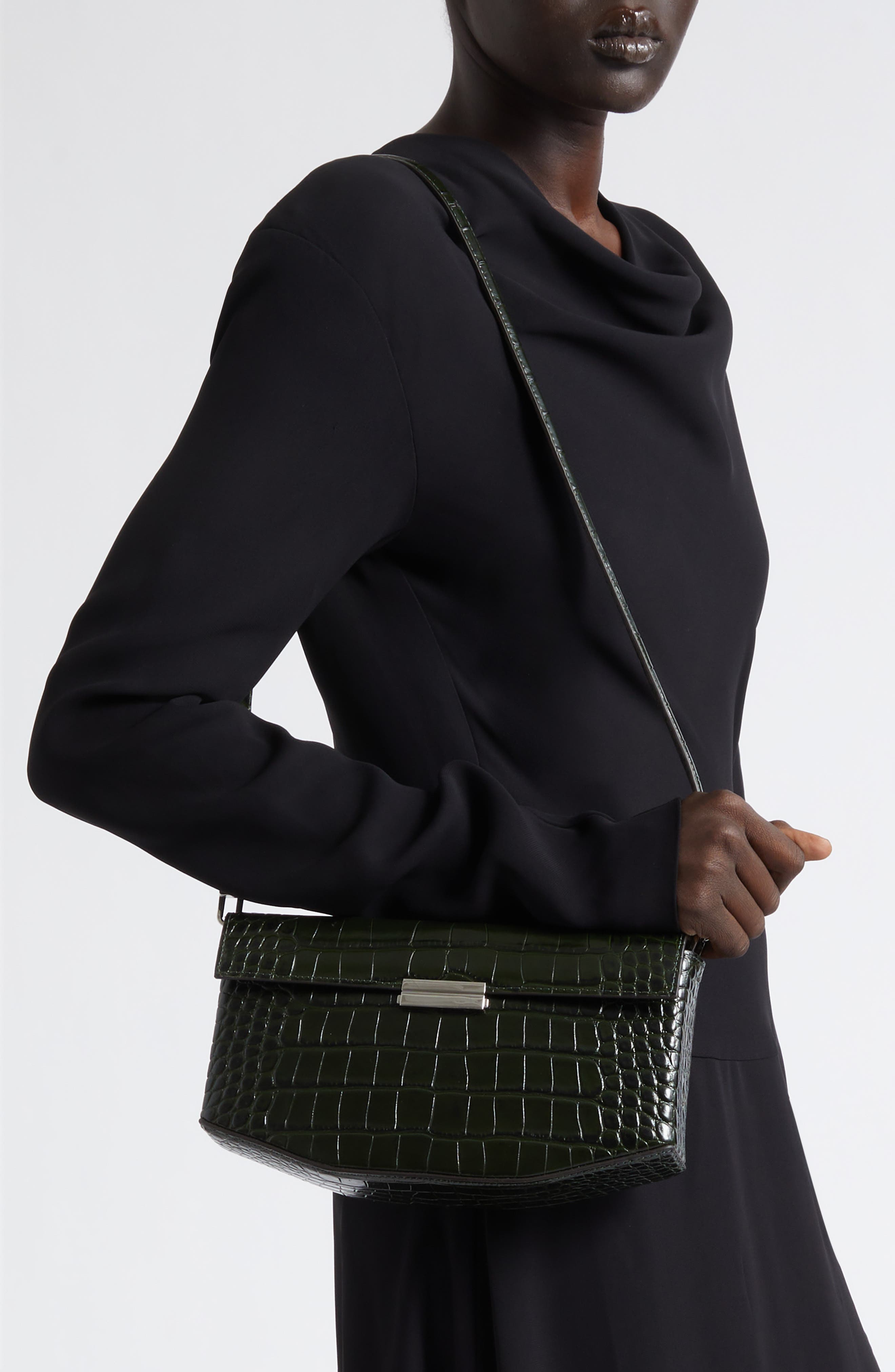 Clip Croc Embossed Leather Clutch, Alternate, color, DARK GREEN