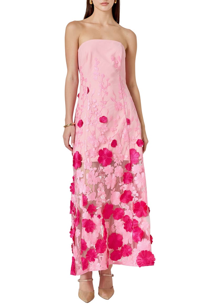 Embroidered 3D Appliqué Strapless Dress, Main, color, PINK