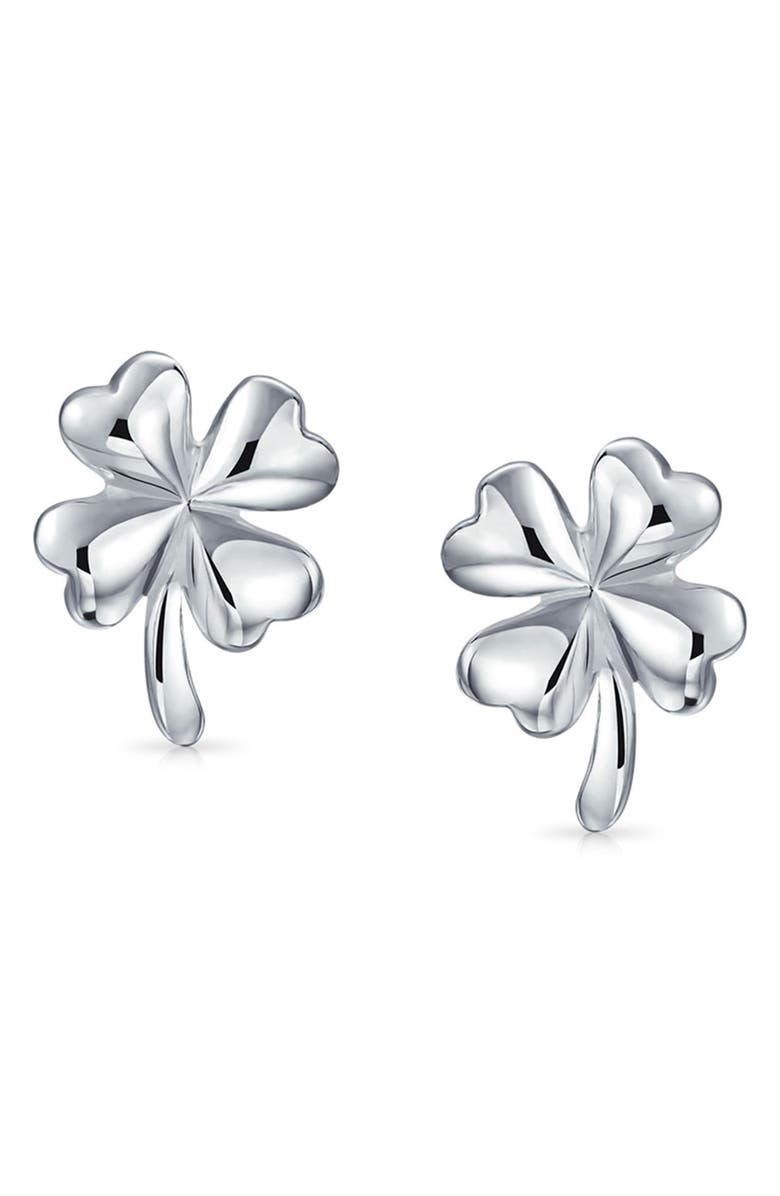 BLING JEWELRY Sterling Silver Good Luck Four Leaf Clover Stud Earrings, Main, color, Silver