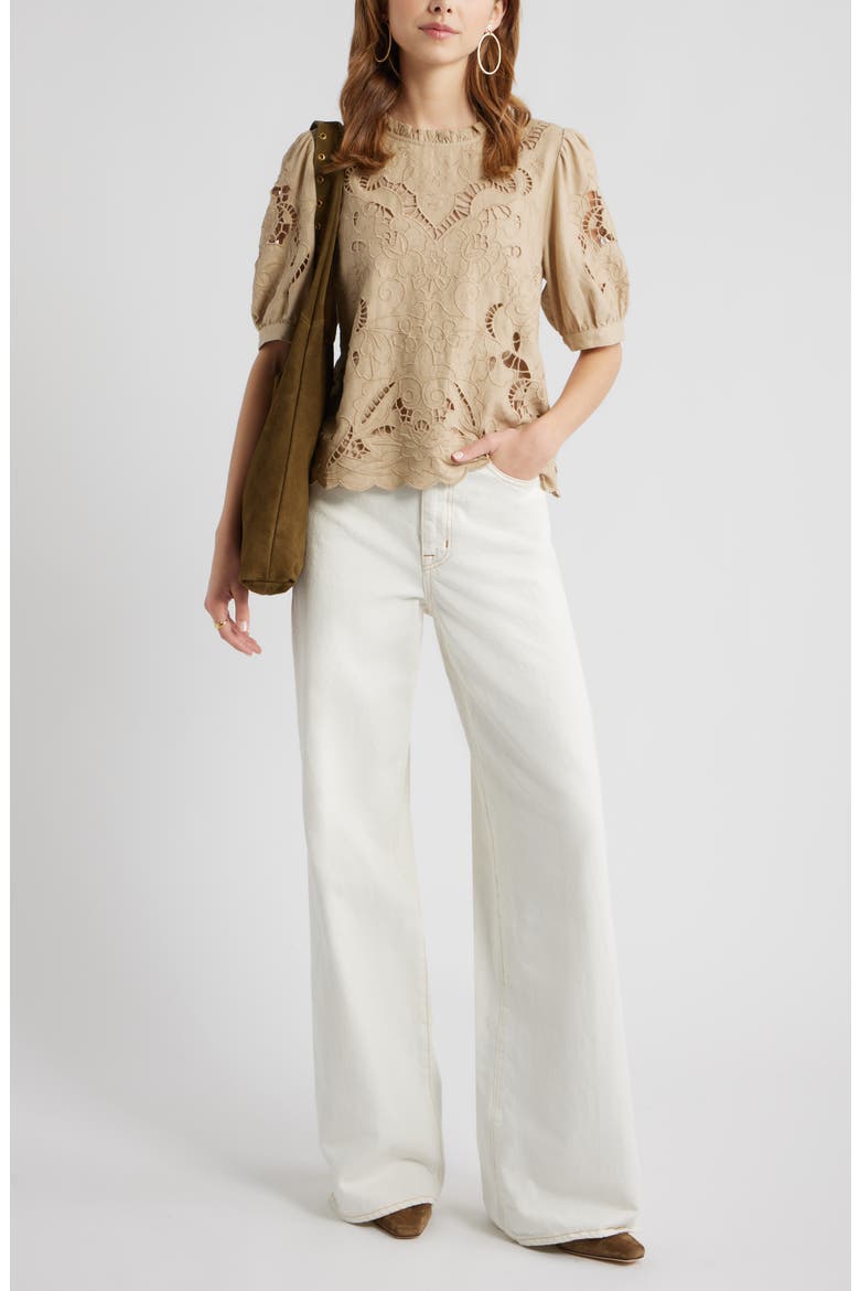 Embroidered Cutwork Puff Sleeve Linen Blend Top, Alternate, color, BEIGE HUMUS