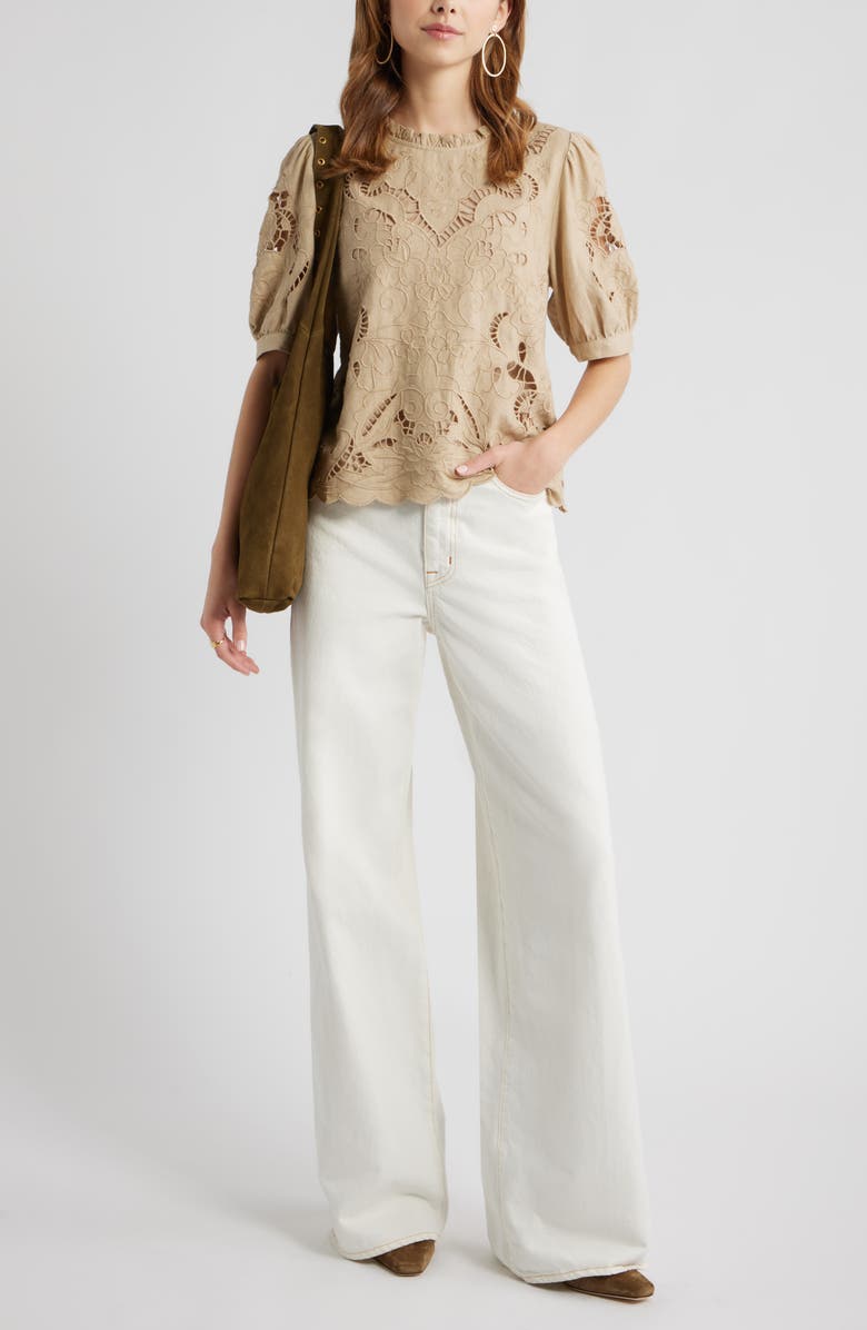 Treasure & Bond Embroidered Cutwork Puff Sleeve Linen Blend Top, Alternate, color, Beige Humus