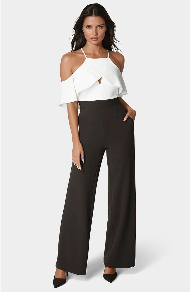 bebe Cold Shoulder Palazzo Leg Jumpsuit, Main, color, 