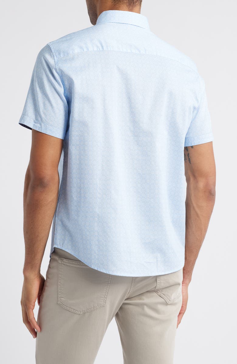 Johnston & Murphy Airplane Print Short Sleeve Cotton Blend Button-Down Shirt, Alternate, color, Lt Blue