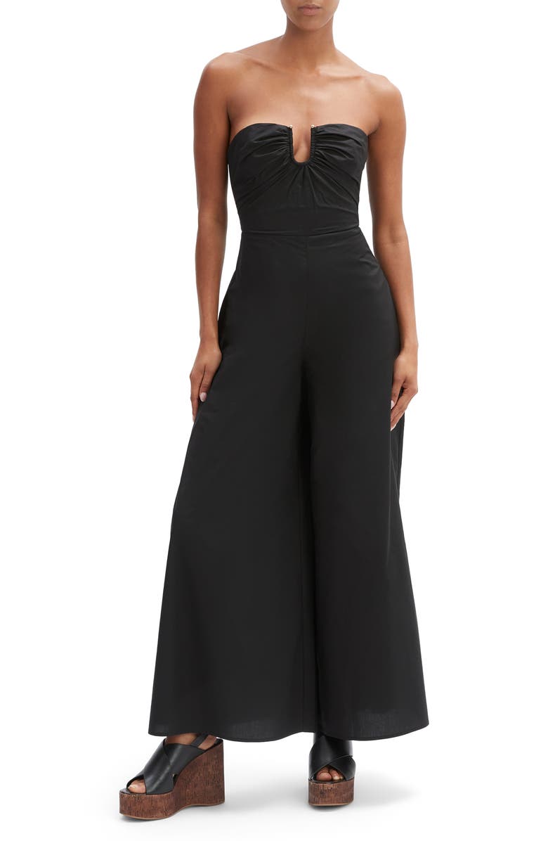 Bardot Lora Strapless Wide Leg Cotton Poplin Jumpsuit, Main, color, Black