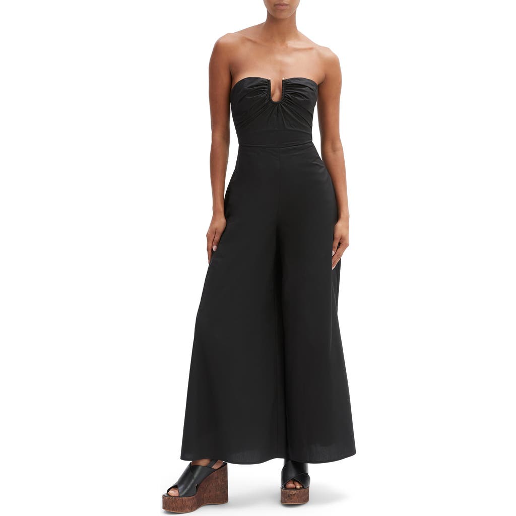 Bardot Lora Strapless Wide Leg Cotton Poplin Jumpsuit In Black