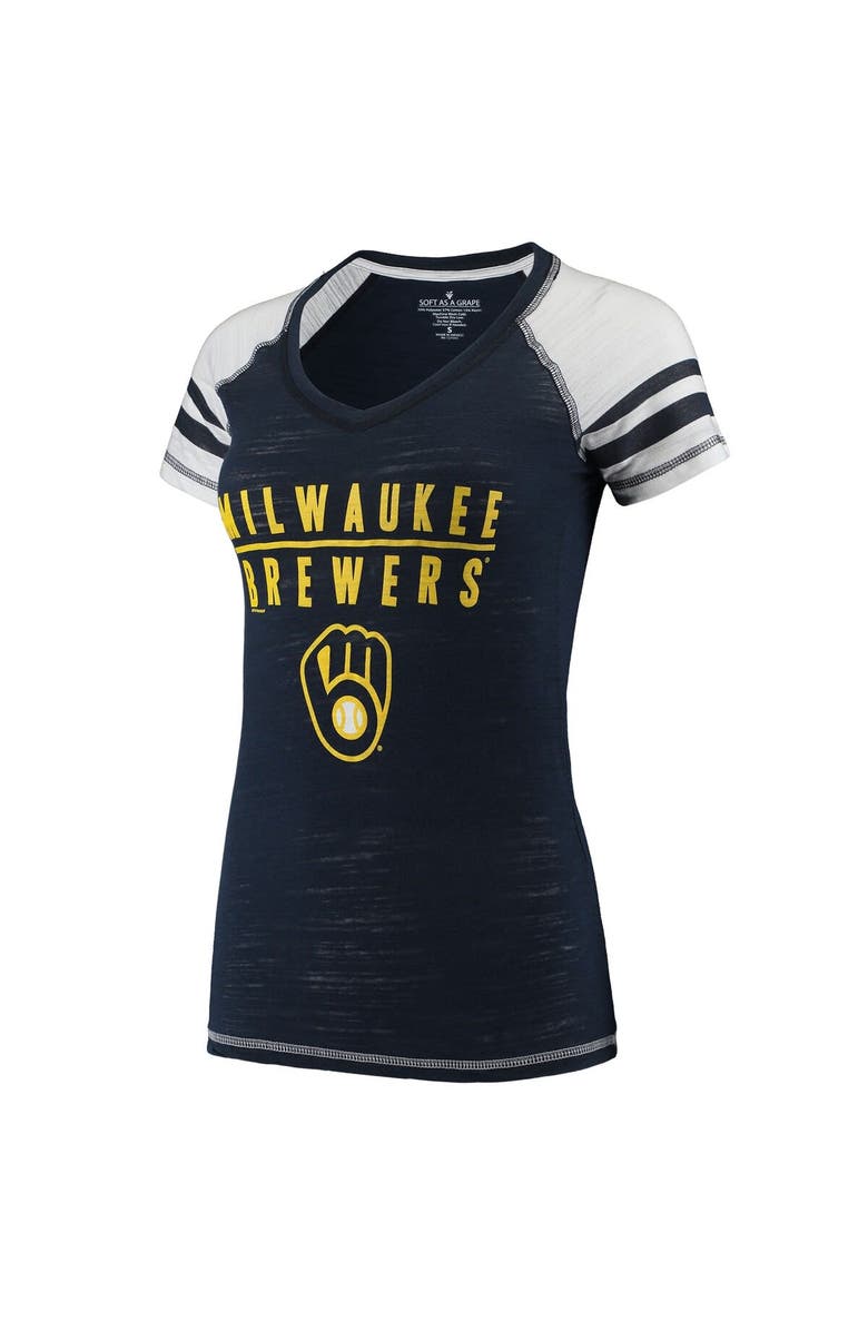 SOFT AS A GRAPE Women's Soft as a Grape Navy Milwaukee Brewers Color Block V-Neck T-Shirt, Alternate, color,