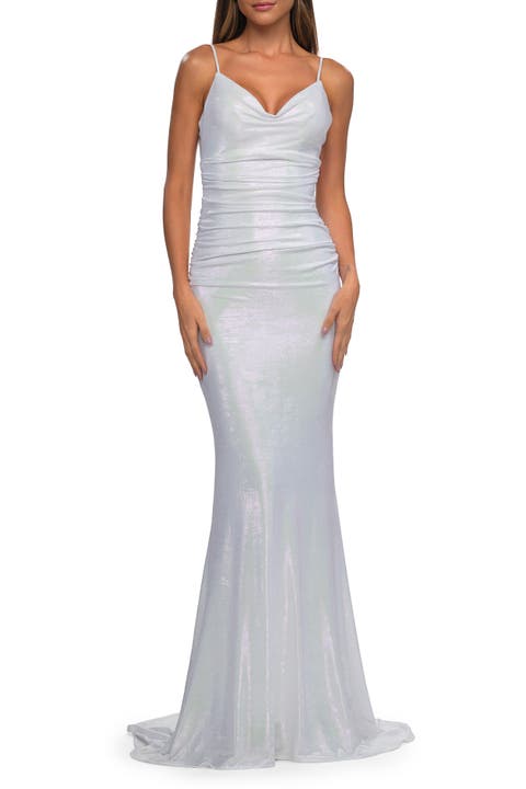 Metallic Prom Dress with Ruching and Illusion Back