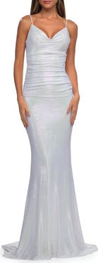 La Femme Metallic Prom Dress with Ruching and Illusion Back