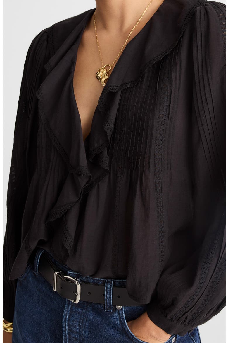Lace Insert Ruffle Pintuck Long Sleeve Top, Alternate, color, JET BLACK