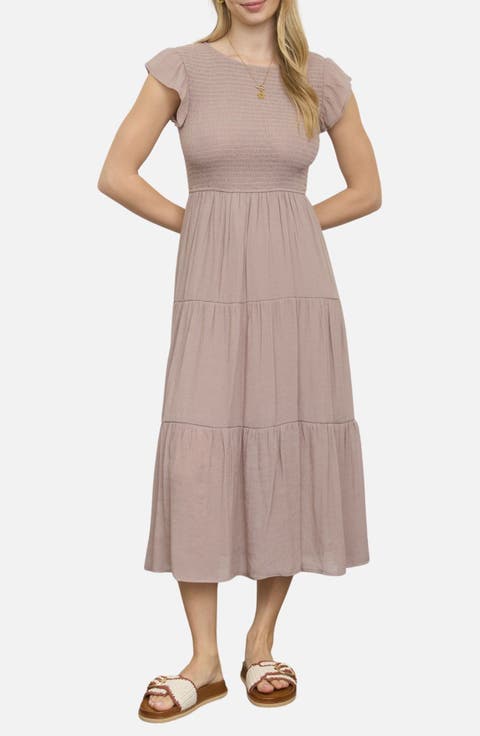Smocked Cap Sleeve Tiered Midi Dress