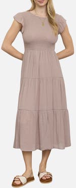 Blu Pepper Smocked Cap Sleeve Tiered Midi Dress