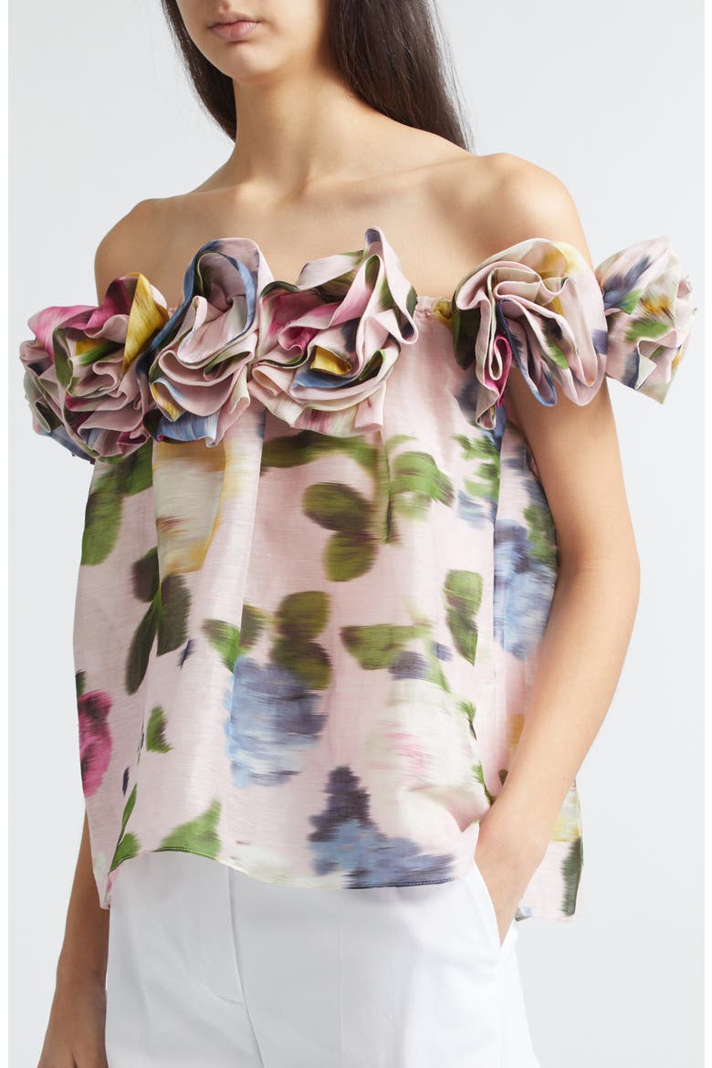Chiné Rose Print Linen & Silk Off the Shoulder Top, Alternate, color, ROSEWATER MULTI