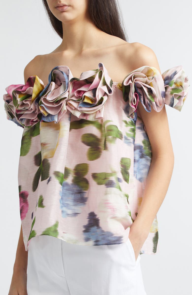 Carolina Herrera Chiné Rose Print Linen & Silk Off the Shoulder Top, Alternate, color, Rosewater Multi