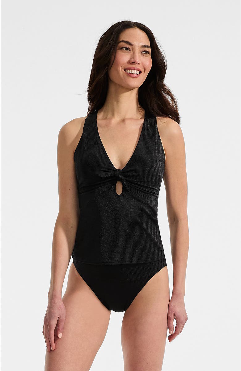 Lands' End Shine Ribbed Tankini Top and High Waisted Bottom Swimsuit Set, Main, color, Black Ottoman