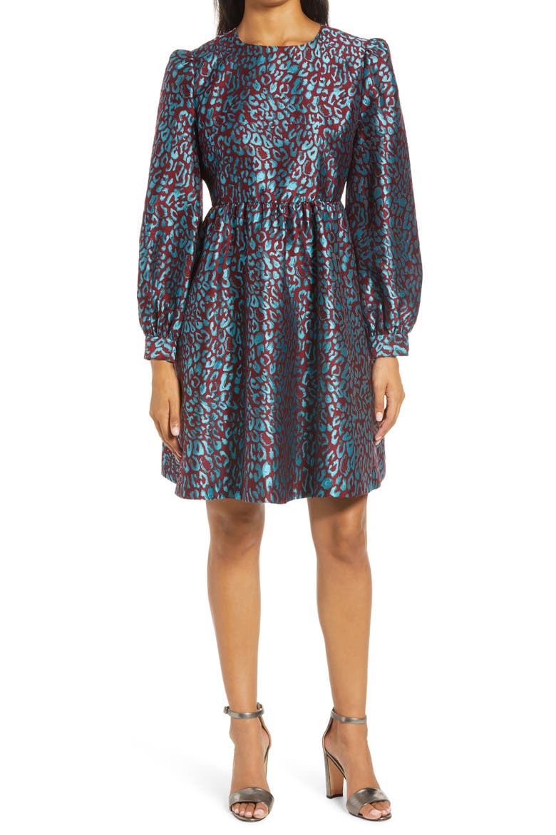 x Atlantic-Pacific Leopard Jacquard Long Sleeve Dress, Main, color, TEAL- MAROON LEOPARD