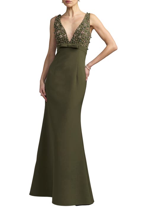 Crepe Sleeveless Beaded V Neck Gown With Bow
