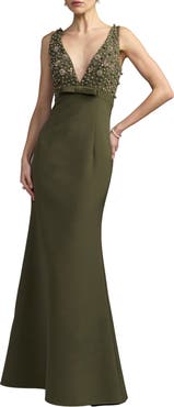 Mac Duggal Crepe Sleeveless Beaded V Neck Gown With Bow