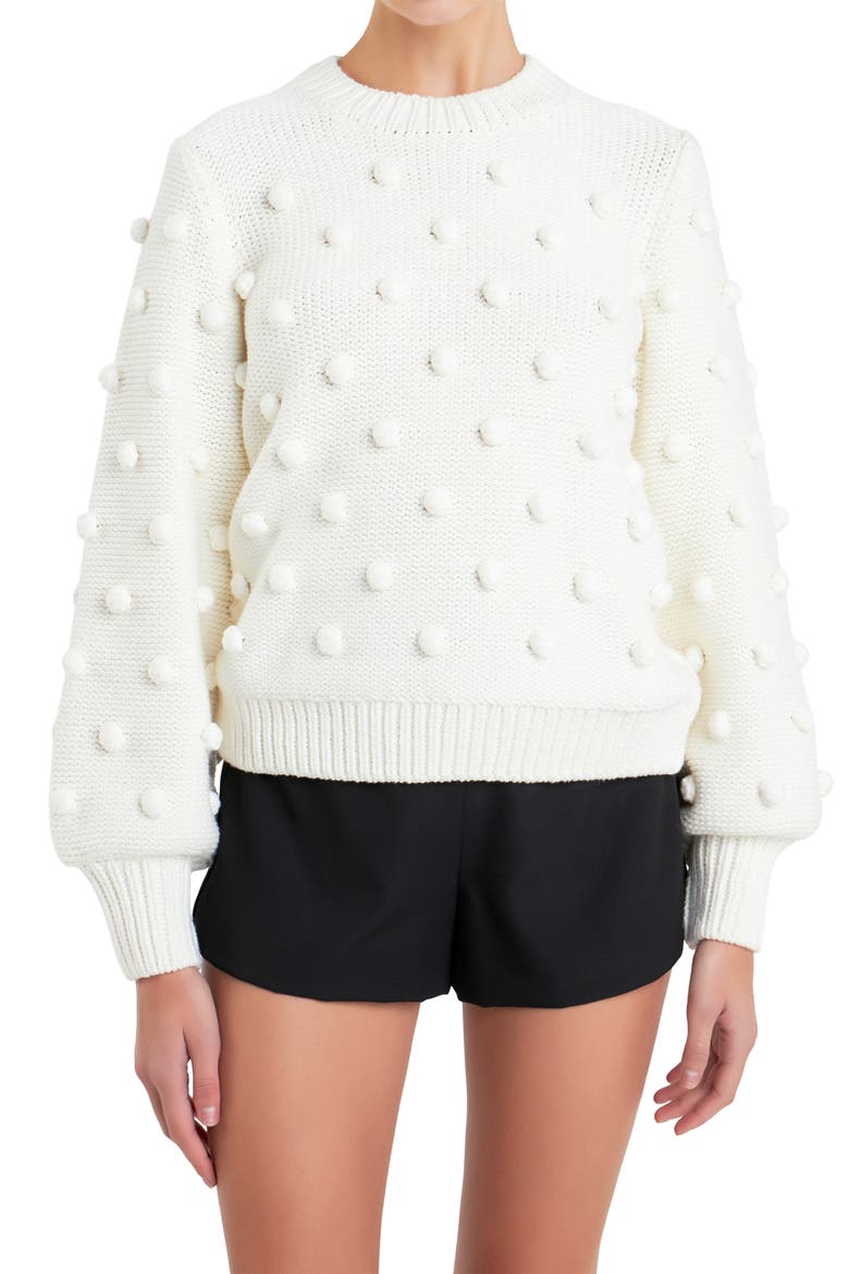 Pompom Crewneck Sweater, Alternate, color, IVORY
