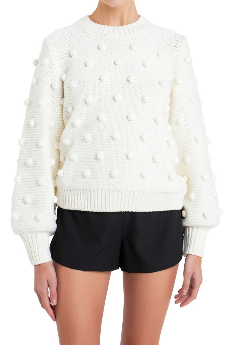English Factory Pompom Crewneck Sweater, Alternate, color, Ivory
