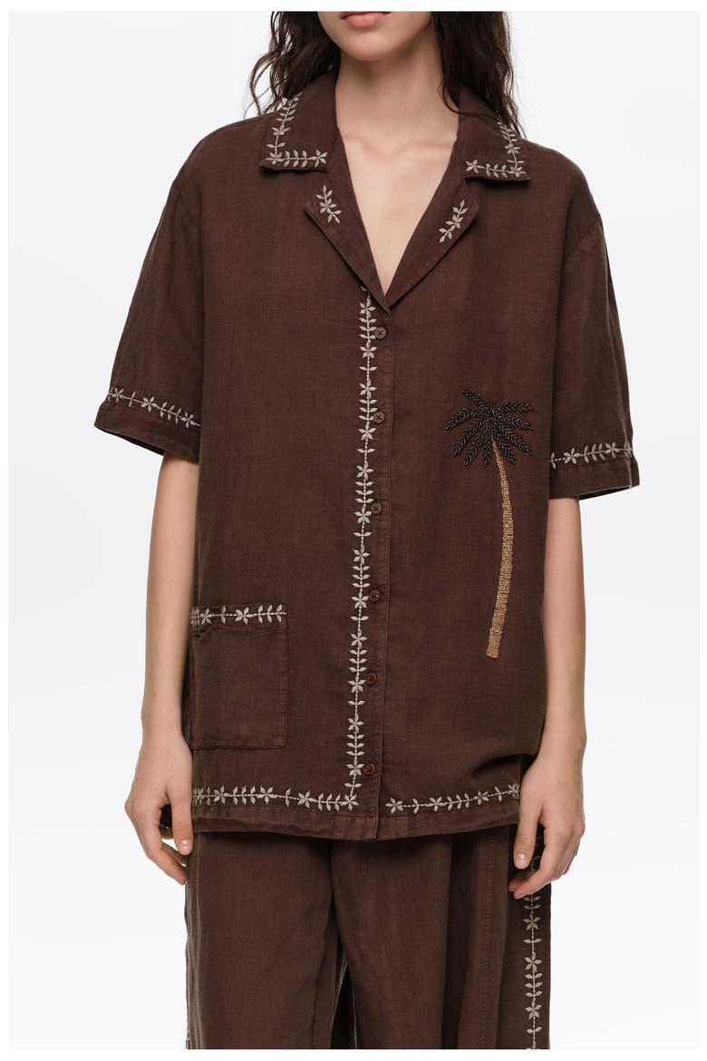 Linen Palm Tree Embroidered Shirt, Alternate, color, BROWN