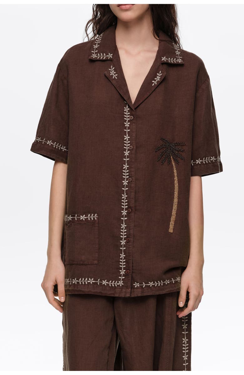 Bimba y Lola Linen Palm Tree Embroidered Shirt, Alternate, color, Brown