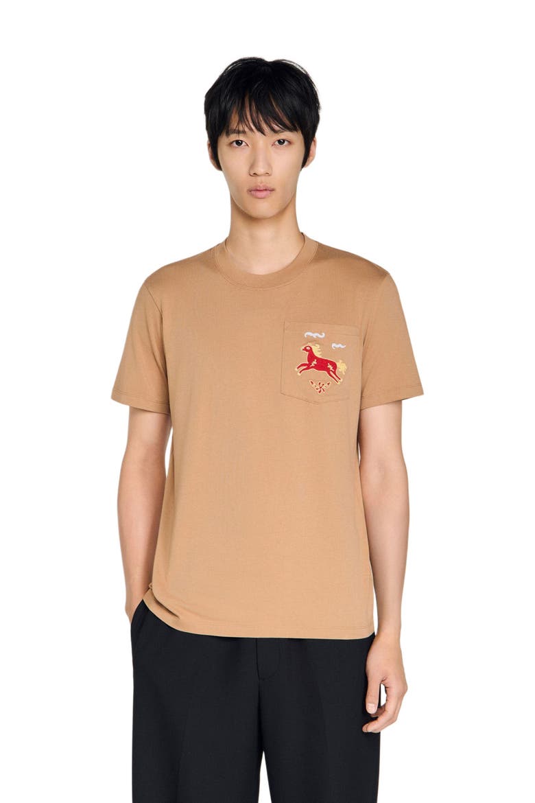 Embroidered horse cotton T-shirt, Alternate, color, Beige