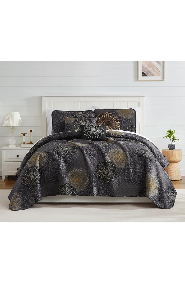 SOUTHSHORE FINE LINENS Midnight Floral Quilt Set, Alternate, color, Black