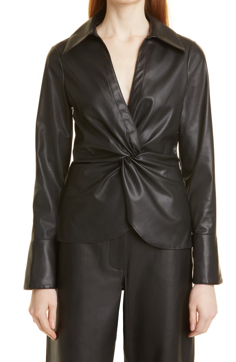 Cinq à Sept McKenna Faux Leather Knot Front Blouse, Main, color, 