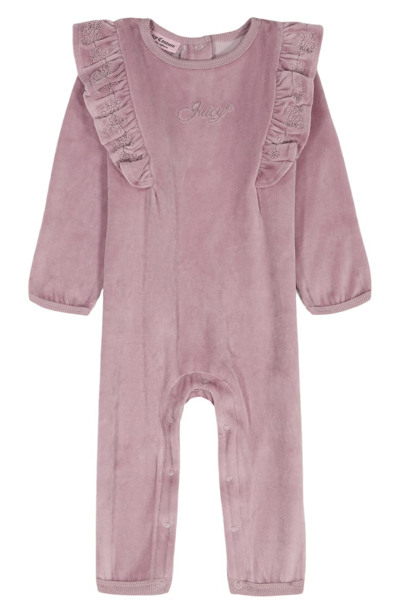 Juicy Couture Kids' Velour Ruffle Romper, Main, color, Dusty Rose