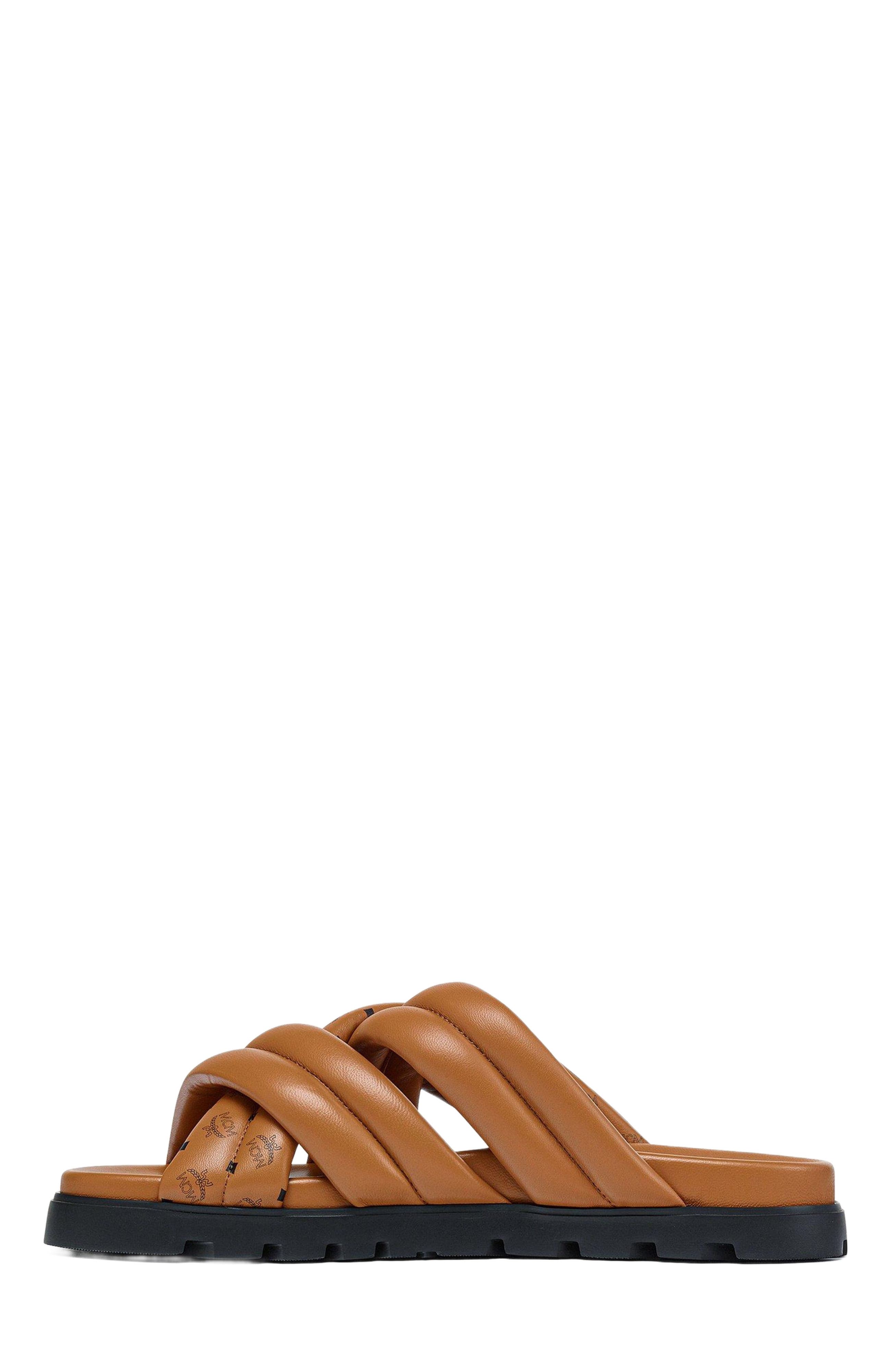 MCM Monogram Print Cross Sandals in Lamb Leather, Alternate, color, Cognac