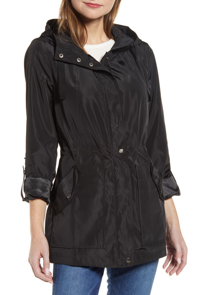 Hooded Cinch Waist Rain Jacket, Alternate, color, BLACK