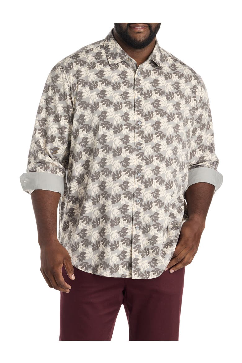Big & Tall Rolled-Sleeve Floral Print Sport Shirt, Main, color, GREY