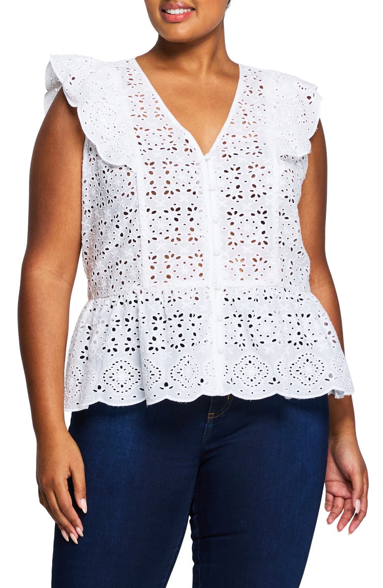 Estelle Majorca Floral Eyelet Cotton Peplum Top, Main, color, 