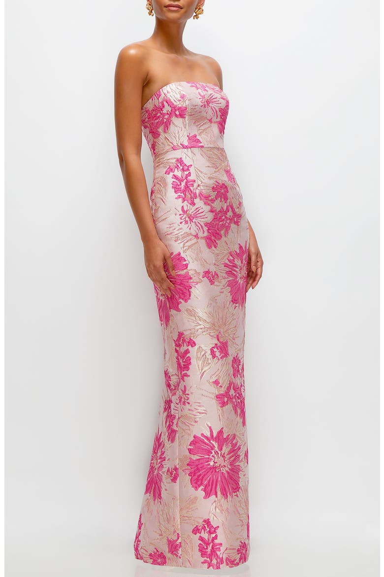 Metallic Floral Jacquard Strapless Column Gown, Alternate, color, PINK MULTI