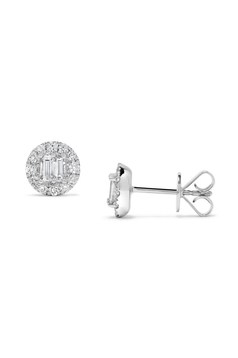 Round & Baguette Diamond Halo Stud Earrings in 14K White Gold, Main, color, 14K White Gold