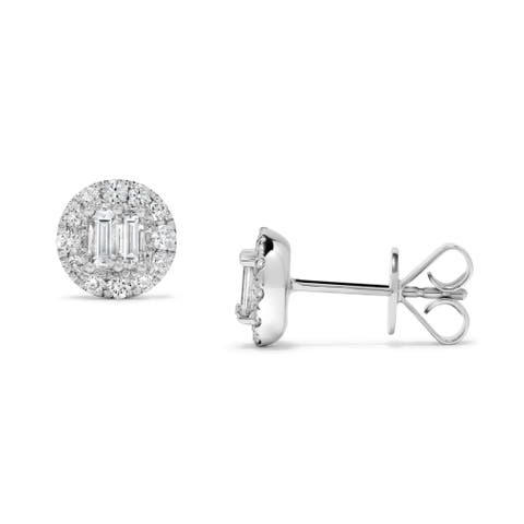 Round & Baguette Diamond Halo Stud Earrings in 14K White Gold