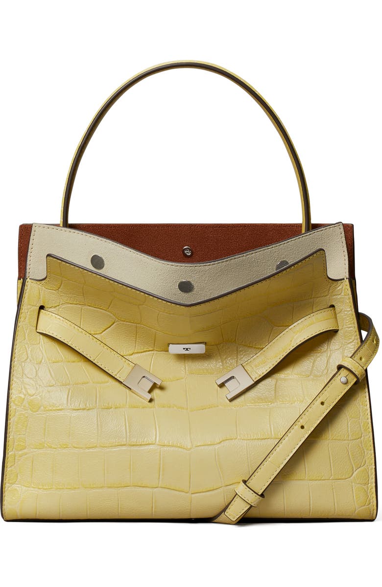 Tory Burch Lee Radziwill Croc Embossed Leather Tote, Main, color, Yellow Sky
