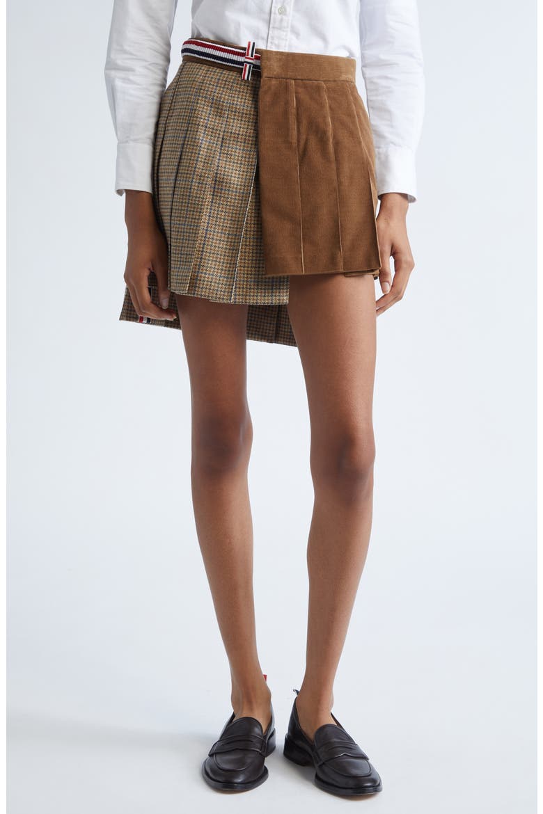Pleated Mixed Media Miniskirt, Main, color, BROWN