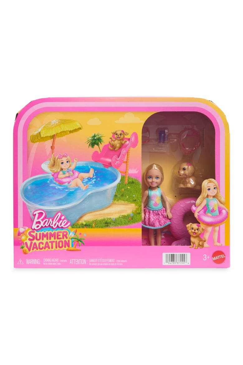Summer Vacation Chelsea Doll & Pool Playset with Puppy, Water Slide, Tiki Umbrella, Pool Float & Accessories, Main, color, POOL PARTY
