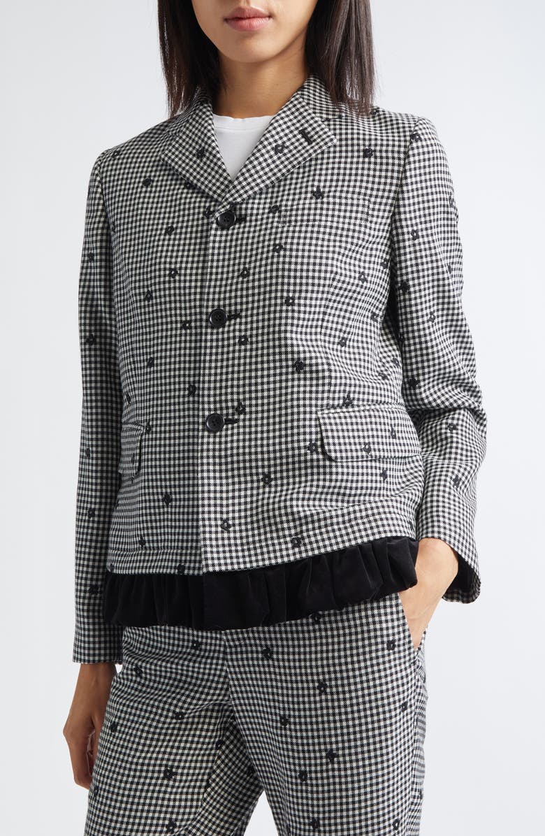 Comme des Garçons Girl Floral Embroidered Gingham Tropical Weight Wool Blend Blazer with Velvet Ruffle, Alternate, color, Black / Black / White