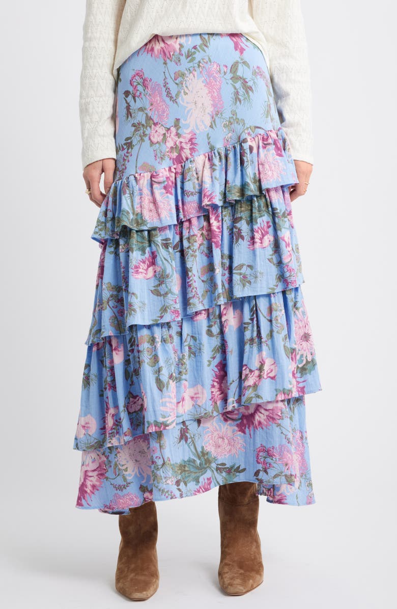 Treasure & Bond Floral Tiered Ruffle Maxi Skirt, Main, color, Blue Garden Floral
