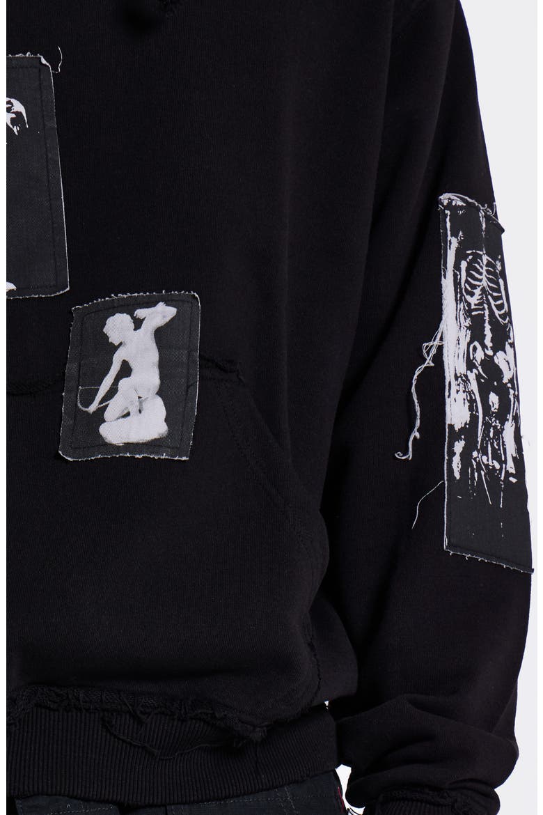 Devoted Graphic Patch Distressed Hoodie, Alternate, color, BLACK