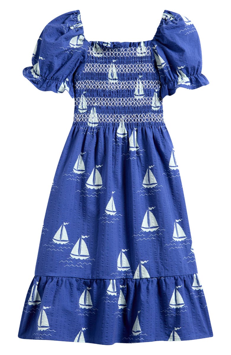Mini Rodini Kids' Sailboat Print Smocked Organic Cotton Dress, Alternate, color, Blue