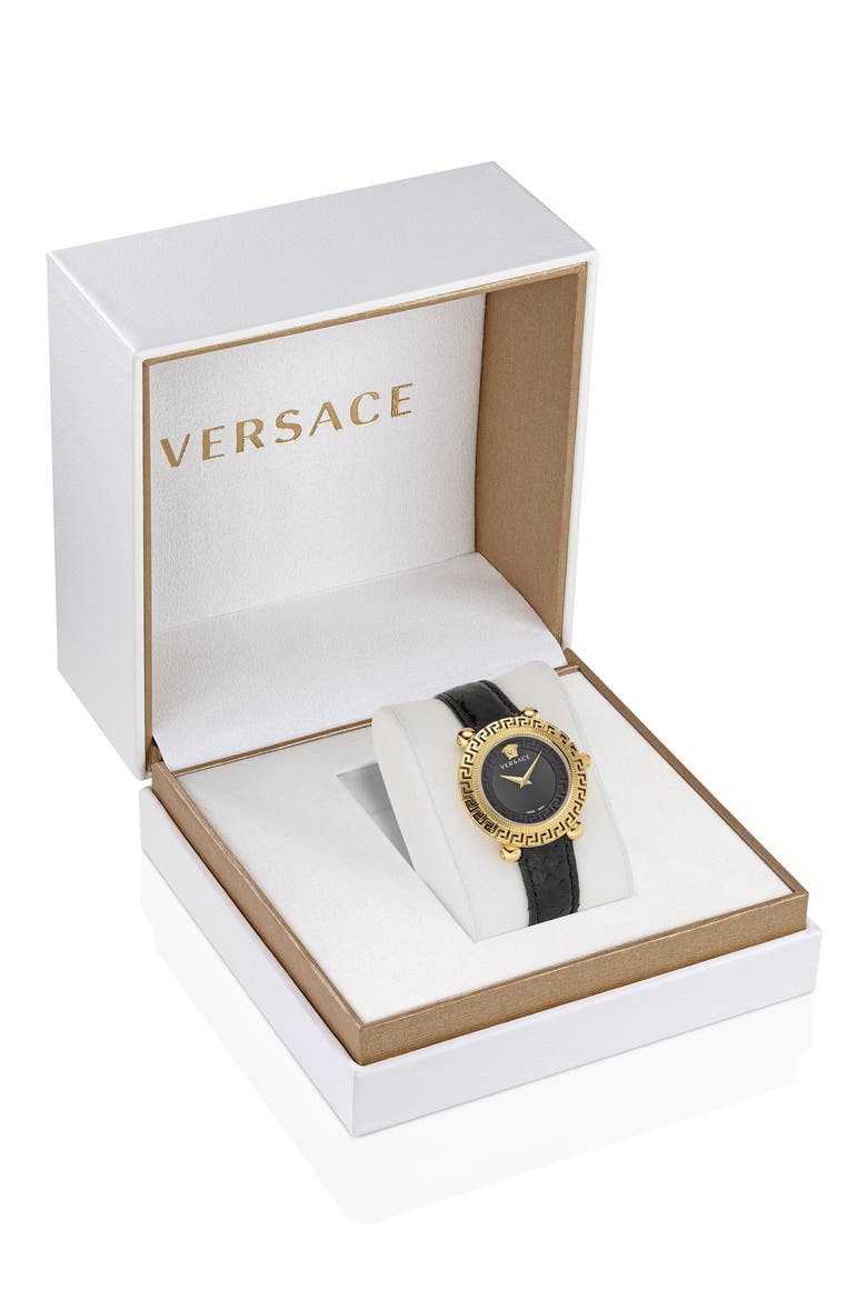 Greca Twist Leather Strap Watch, 35mm, Alternate, color, IP YELLOW GOLD