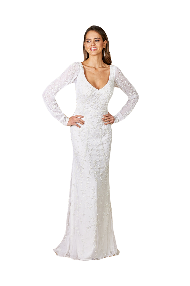 Gigi Romantic Long Sleeve Wedding Dress, Main, color, Ivory