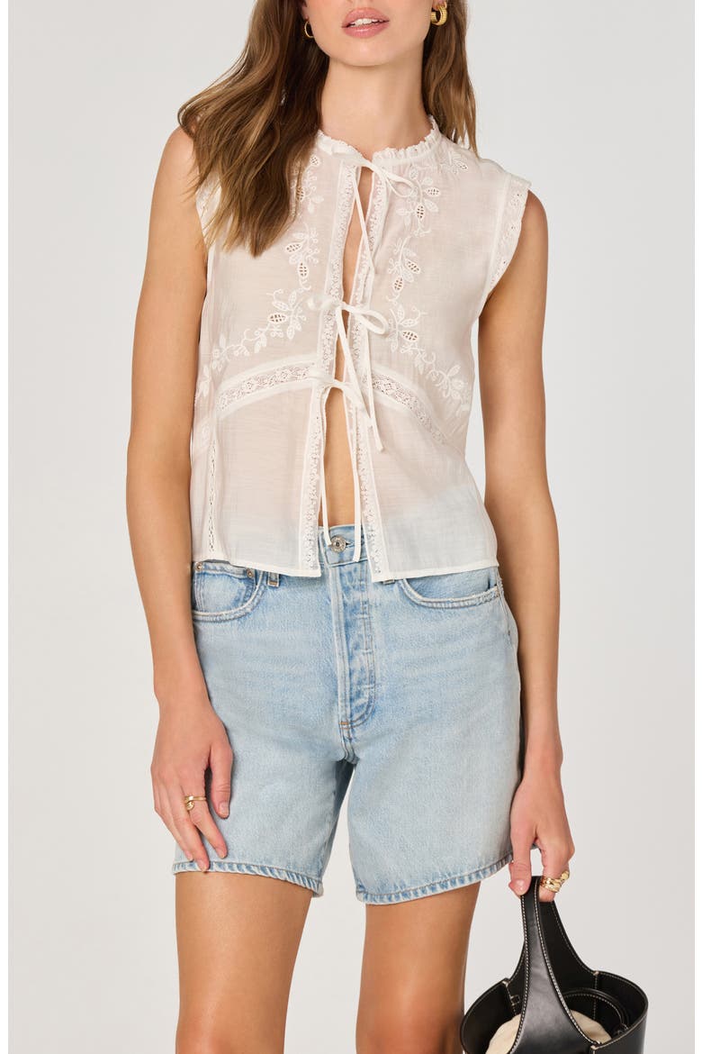 Lace Trim Tie Front Top, Alternate, color, WHITE