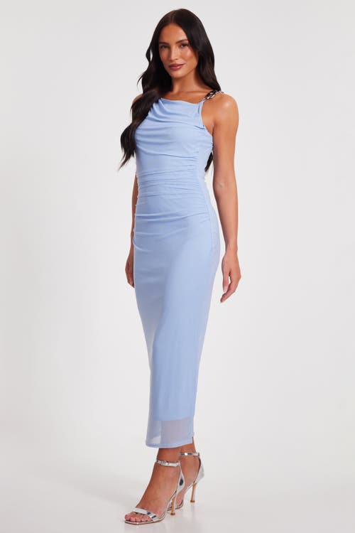 Quiz Mesh One Shoulder Chain Detail Maxi Dress In Pale Blue